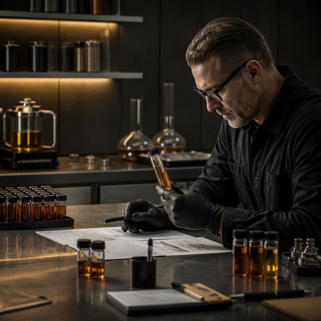 Excello Ventures engineer reviewing amber oil samples and lab data