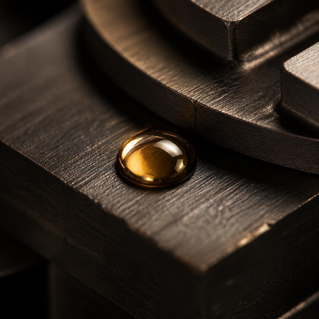 Bronze lubricant droplet on machined graphite steel